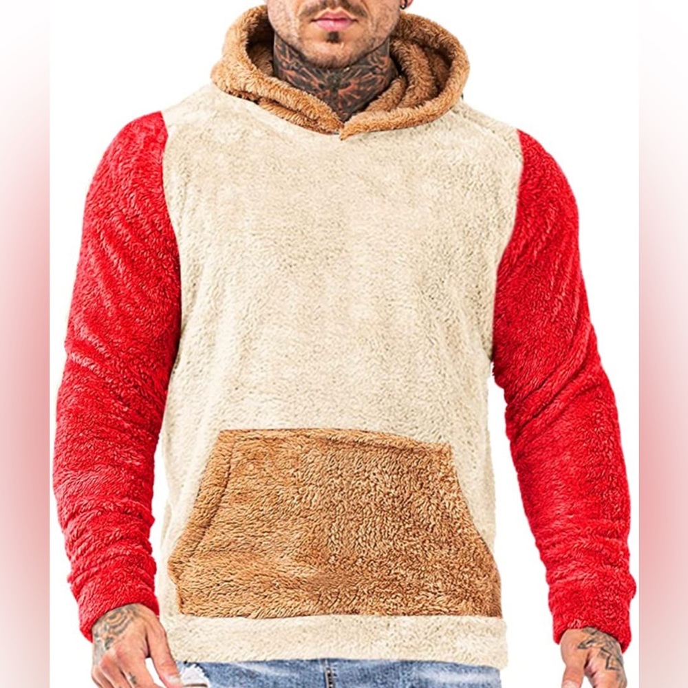 BRAND NEW MENS TRENDY MULTICOLOR COLORBLOCK FUZZY SHERPA HOODIE NWT - Picture 1 of 4